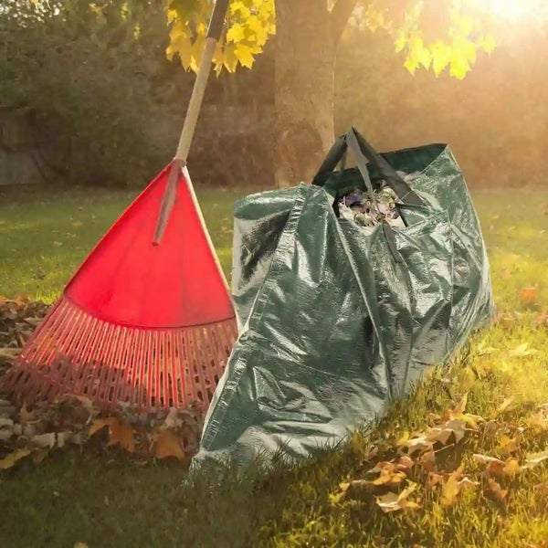 Gartenrechen und ein gefüllter Gartensack auf einem Rasen mit Herbstlaub unter einem Baum bei Sonnenschein