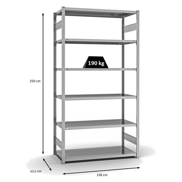 PROREGAL Fachbodenregal Stecksystem T-Profil Light-Duty Grundregal HxBxT 250 x 130 x 60 cm 6 Ebenen Fachlast 190 kg Beidseitig Nutzbar Verzinkt
