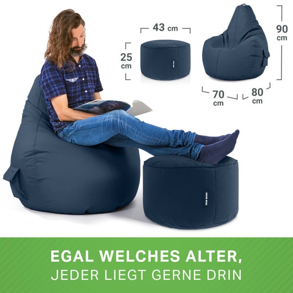 Green Bean 2er Set Sitzsack + Hocker - fertig befüllt - robust waschbar schmutzabweisend - Kinder & Erwachsene Bean Bag Bodenkissen Lounge Sitzhocker Relax-Sessel Gamer Gamingstuhl Pouf - Dunkelblau