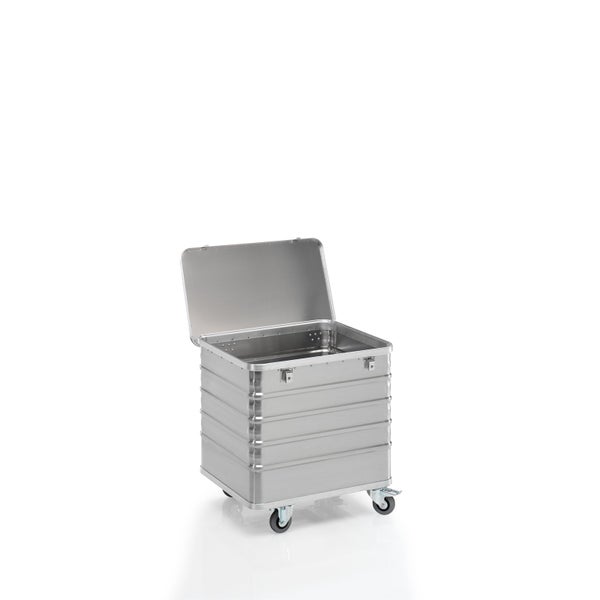 Geöffnete Aluminium Transportbox mit Rollen