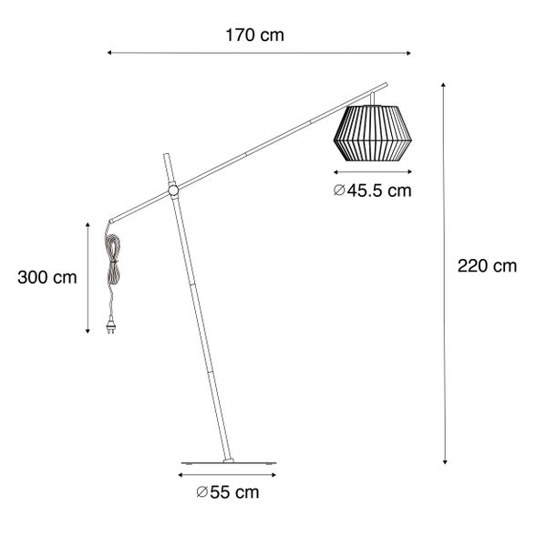 Maßzeichnung einer Bogenstehlampe: Breite 170 Zentimeter, Höhe 220 Zentimeter, Kabellänge 300 Zentimeter, Schirm 45,5 Zentimeter, Fuß 55 Zentimeter.