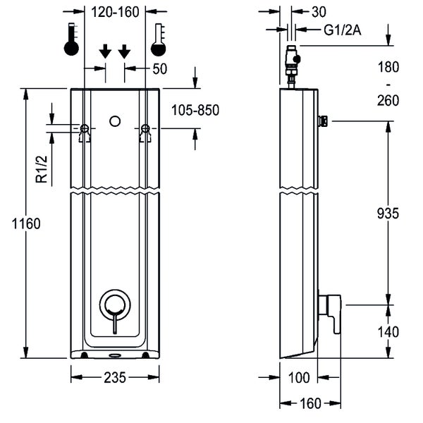 Maßzeichnung eines Duschpaneels mit Höhen- und Breitenangaben in Millimetern.