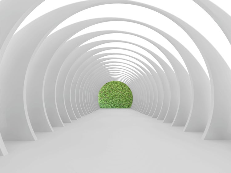 Weißer Tunnel mit Pflanzenwand am Ende