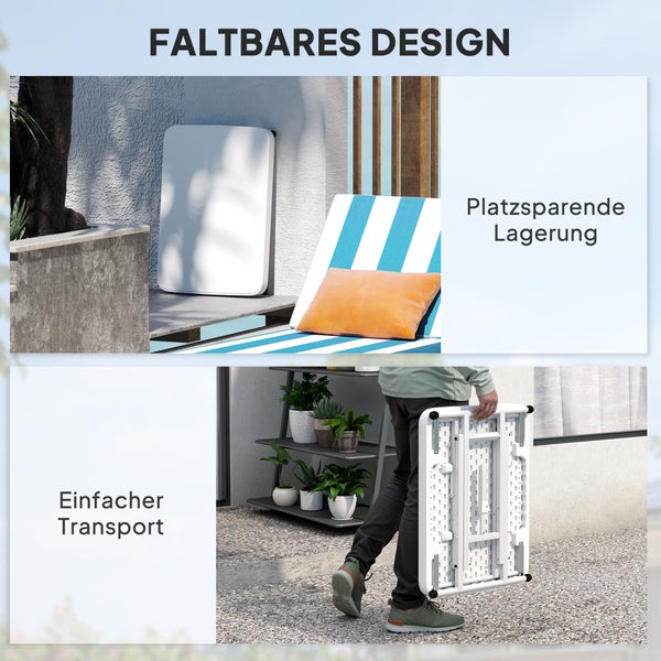 Outsunny Beistelltisch Garten höhenverstellbar Gartentisch, klappbar Balkontisch aus Kunststoff, rechteckig Kaffeetisch 50kg belastbar, 65x45x70H cm Sofatisch für Outdoor Indoor Balkon Terrasse Weiß