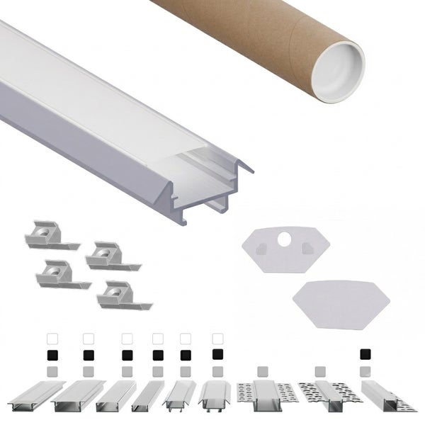 Einbauprofil aus Aluminium für LED Streifen mit Abdeckung, Befestigungsclips und Endkappen in einer Transportrolle.