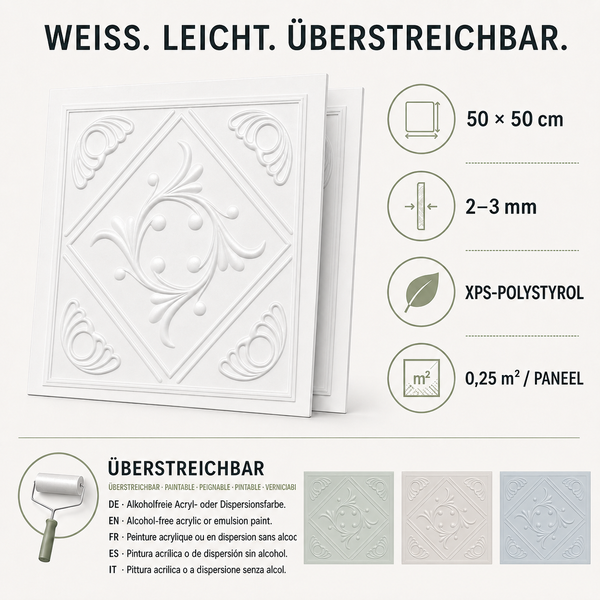 Dekorative Deckenplatte aus Polystyrol mit floralem Muster, 50 mal 50 Zentimeter, überstreichbar.