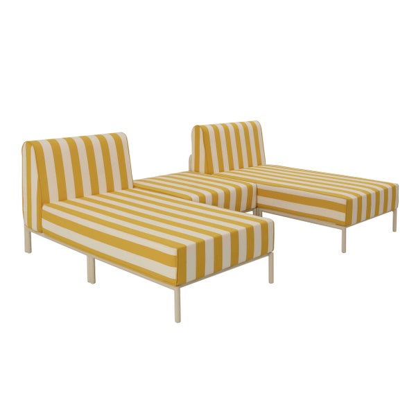 Modulares Outdoor-Lounge-Set aus drei Teilen mit gelb-weiß gestreiften Kissen und Metallgestell.