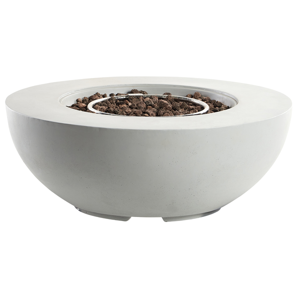 Runde, graue Gaskamin-Feuerschale aus Leichtbeton mit Edelstahlbrenner und seitlichem Bedienfeld.