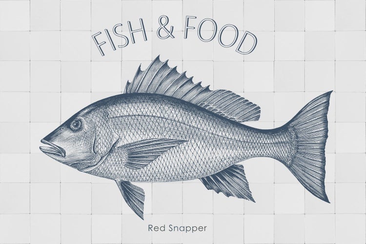 Illustration eines Roten Schnappers auf Fliesen mit der Aufschrift Fisch und Essen