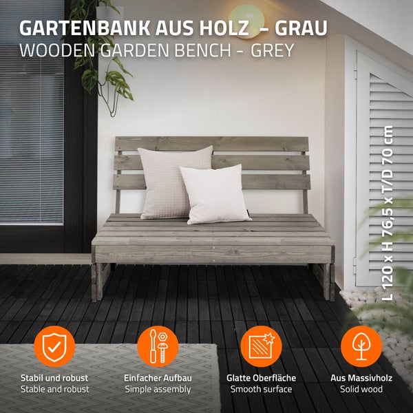 Graue Gartenbank aus Massivholz, Länge 120, Höhe 76,5, Tiefe 70 Zentimeter, stabil, einfacher Aufbau, glatte Oberfläche, auf einer Holzterrasse.
