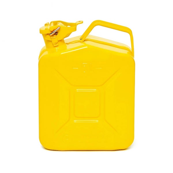 Gelber Kraftstoffkanister aus Metall mit Tragegriff und Verschluss