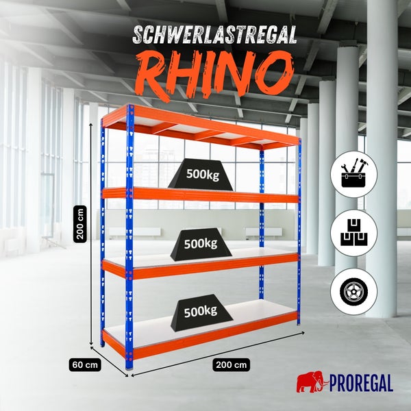Schwerlastregal Rhino, 200 Zentimeter hoch, 200 Zentimeter breit, 60 Zentimeter tief. 500 Kilogramm Traglast pro Boden. Proregal Logo.