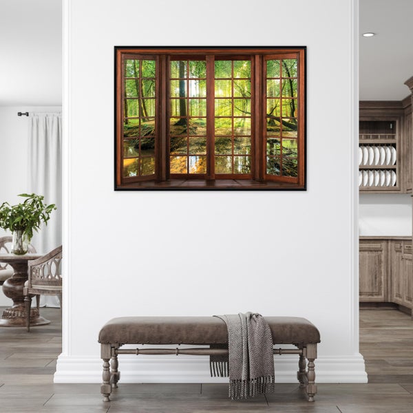 Wandbild mit 3D-Fenstereffekt, das einen sonnigen Wald und Bachlauf zeigt, montiert in einem hellen Raum über einer Sitzbank.