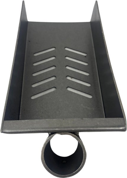 Graue Metall-Auffangschale mit Lochmuster und Rohranschluss