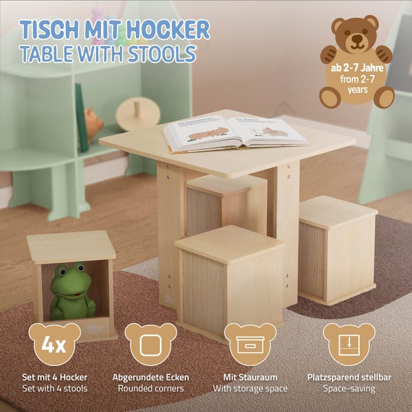 Kindersitzgruppe mit Tisch und vier Hockern aus Holz