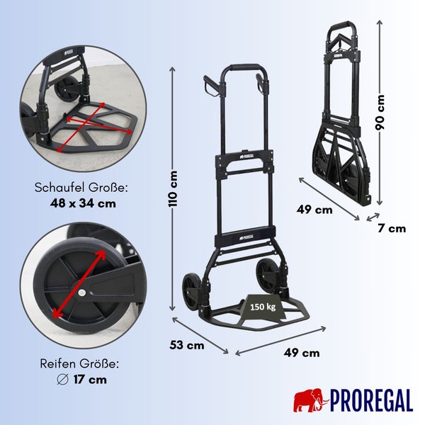 PROREGAL Klappbare Profi-Sackkarre ELEPHANT HxBxT 115x50x53cm Traglast 150kg Aluminiumrahmen, ergonomische Griffe, TRR Fachgummiräder Schwarz