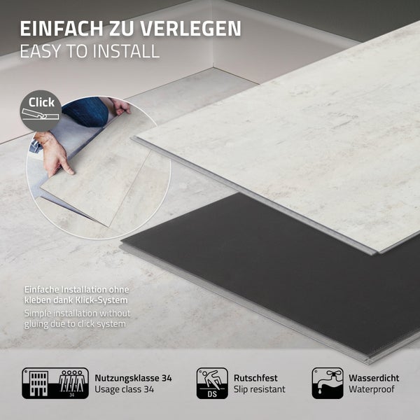 Vinylboden mit Klicksystem, wasserdicht, rutschfest und Nutzungsklasse 34 für einfache Verlegung ohne Kleben.