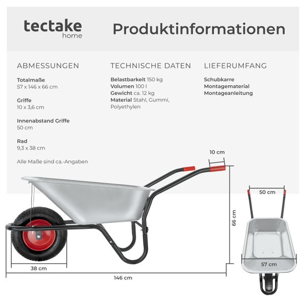 Produktinformationen zur Schubkarre mit technischen Daten und Abmessungen