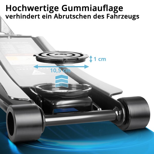 Hochwertige Gummiauflage für Rangierwagenheber mit 10,5 Zentimeter Durchmesser und 1 Zentimeter Höhe verhindert Abrutschen des Fahrzeugs.