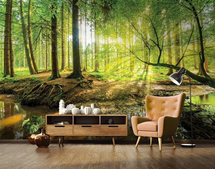 Fototapete Wald Sonne Grün Vlies Tapete Wohnzimmer 350X250 cm