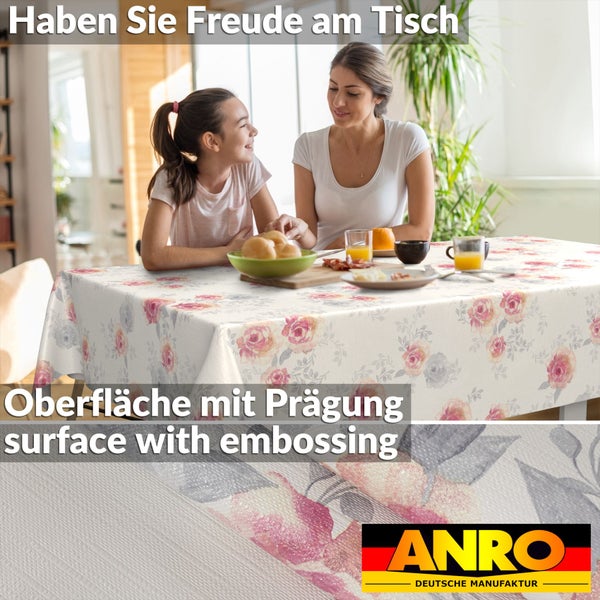 Tischdecke mit Blumenmuster und geprägter Oberfläche in einer Wohnraumszene mit Personen, Detailansicht der Struktur, ANRO Logo.