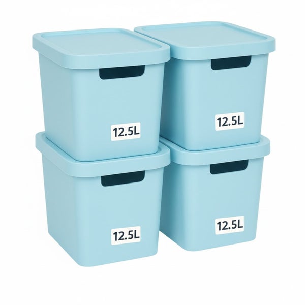 Vier Aufbewahrungsboxen aus Kunststoff mit Deckel, hellblau, 12,5 Liter Fassungsvermögen