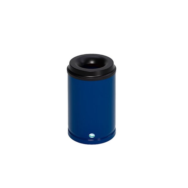 Blauer Standascher aus Metall mit schwarzem Trichteraufsatz und VAR Logo.