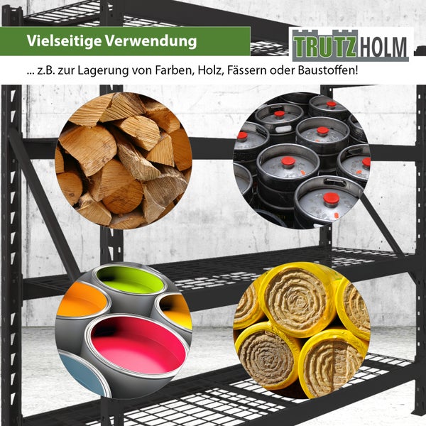 Schwarzes Schwerlastregal zur Lagerung von Farben, Holz, Fässern und Baumaterialien