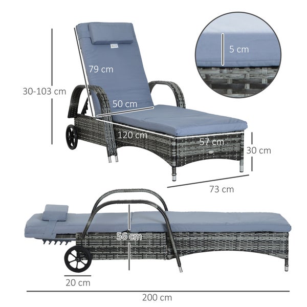 Outsunny Sonnenliege Polyrattan Gartenliege mit 5-Fach verstellbarer Rücklehne, Polsterauflage, Rollen, Kissen, 160 kg belastbar Relaxliege Liegestuhl für Garten, 200x73x30-103cm, Grau
