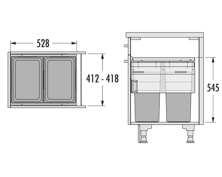 Technische Zeichnung eines Abfallsammlers mit Maßangaben für die Breite, Tiefe und Höhe.