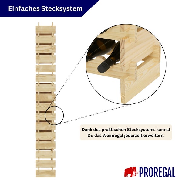 Modulares Weinregal aus Holz von Proregal mit einfachem Stecksystem zur Erweiterung.