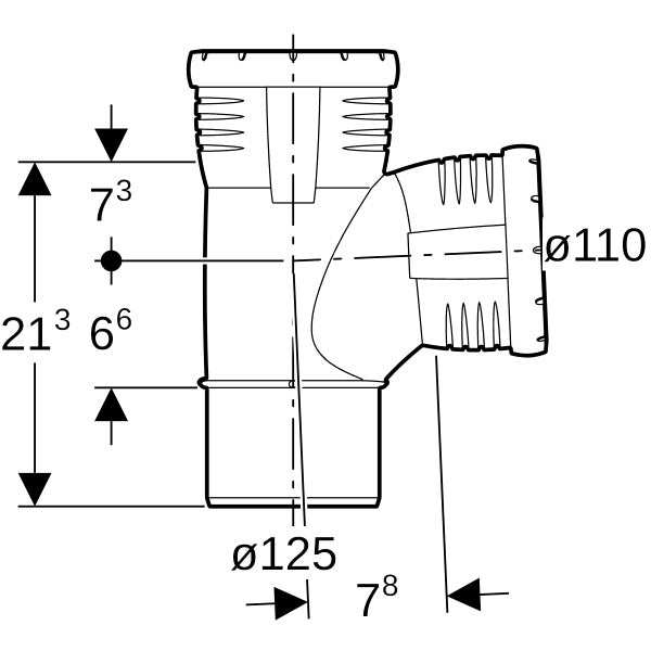 Technische Zeichnung eines T-Stücks für Rohre mit einem Hauptdurchmesser von 125 und einem Abzweigdurchmesser von 110.