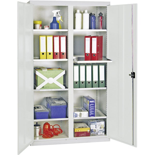 Offener Metallschrank mit zwei Türen und verstellbaren Fachböden, befüllt mit Ordnern und Werkzeugboxen.