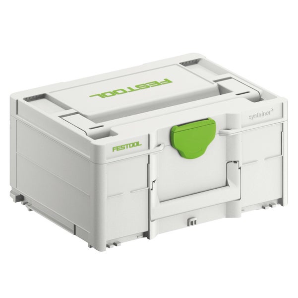 Festool Systainer 3 Werkzeugkoffer aus Kunststoff mit Tragegriff, grünem Verschluss und Festool Logo.