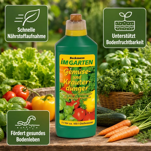 Beckmann im Garten Gemüse und Kräuterdünger 1 Liter Flasche mit Symbolen für Nährstoffaufnahme, Bodenfruchtbarkeit und gesundes Bodenleben.