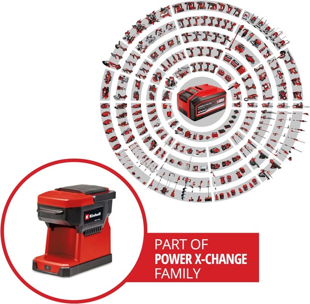 Einhell Akku-Kaffeemaschine als Teil der Power X-Change Familie mit einer Übersicht kompatibler Werkzeuge und Gartengeräte.