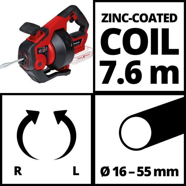 Einhell Akku-Rohrreinigungsspirale mit 7,6 Meter Zinkspirale, Durchmesser 16 bis 55 Millimeter und Rechts-Linkslauf