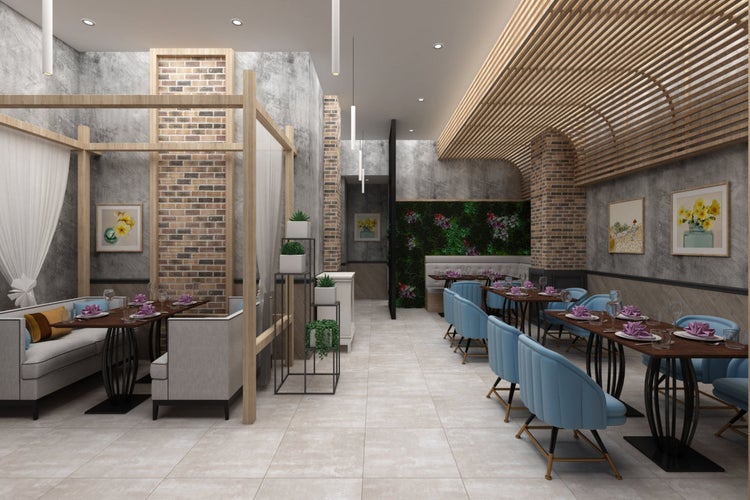 Innenansicht eines Restaurants mit Tischen und Stühlen