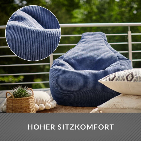 Green Bean Sitzsack mit Rückenlehne 80x80x90cm - Gaming Chair mit 230L Füllung Cordstoff - Bean Bag Bodenkissen Lounge Sitzhocker Relax-Sessel Gamer Gamingstuhl Dunkelblau