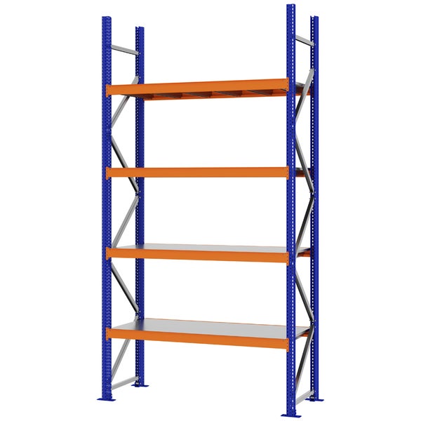 Schwerlastregal aus Metall mit vier Böden in Blau und Orange für Lager und Werkstatt.