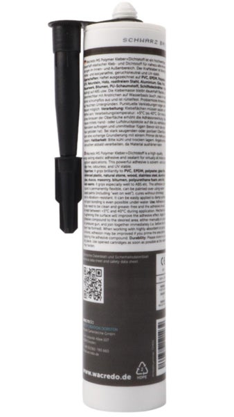 Wacredo MS Polymer Kleber und Dichtstoff in einer Kartusche mit schwarzer Spritzdüse.