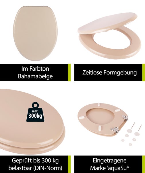 aquaSu® WC-Sitz Venezia in Bahama-Beige, mit robustem Holzkern, Schnellbefestigung Fast-Fix mit rostfreien Metallscharnieren, Toilettendeckel in ovaler Standard O Form universal, Beige, 218917
