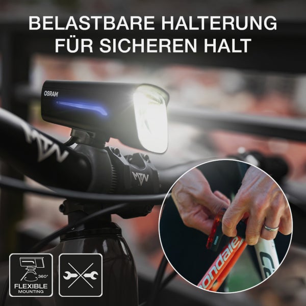 Osram Fahrradlampe mit Halterung montiert an einem Fahrradlenker, inklusive Detailansicht zur werkzeugfreien Montage.