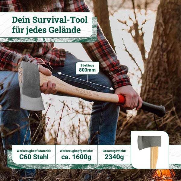 Eine Adler Spaltaxt mit 800 Millimeter Stiellänge, Kopf aus C60 Stahl, 1600 Gramm Kopfgewicht und 2340 Gramm Gesamtgewicht.