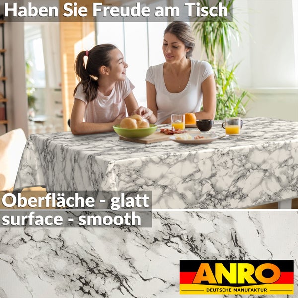 Tisch mit glatter Tischdecke im Marmor Design mit ANRO Deutsche Manufaktur Logo