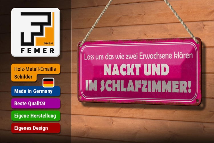 Blechschild Spruch 27x10cm Zwei nackt und im Schlafzimmer Dekoration