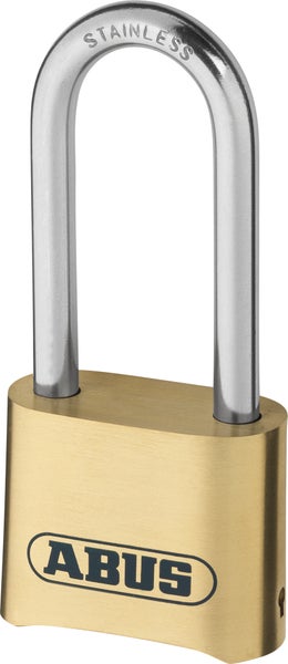ABUS Vorhangschloss aus Messing mit hohem Bügel aus rostfreiem Edelstahl und ABUS Logo.