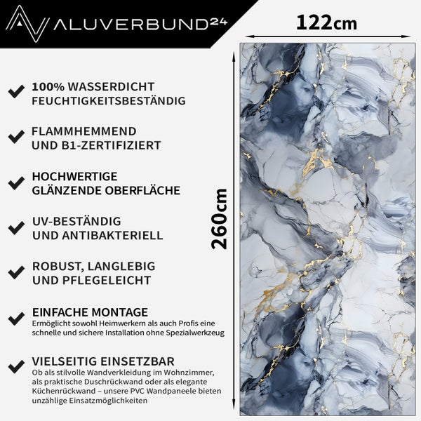 PVC Wandpaneel 122 mal 260 Zentimeter mit Marmor Optik für Duschrückwand oder Wandverkleidung mit wasserdichten und flammhemmenden Eigenschaften.