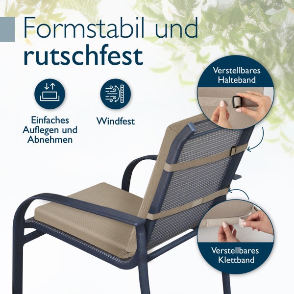 Gartensessel mit formstabilem und rutschfestem Sitzkissen, ausgestattet mit verstellbarem Halteband und Klettband, windfest