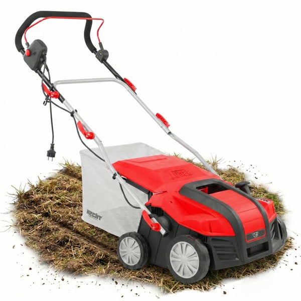 Elektrischer Vertikutierer mit Fangkorb auf Gras